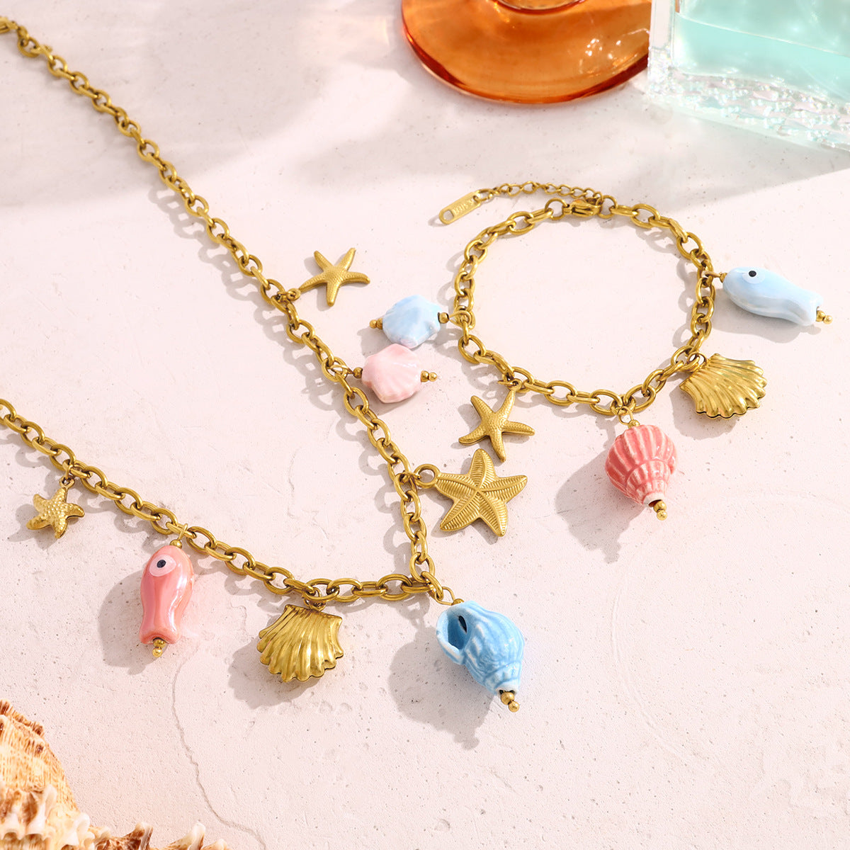 18K Gold Plated Titanium Steel Ocean-Themed Dopamine Ceramic Starfish and Seashell Pendant Necklace & Bracelet Set