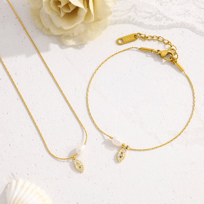 Elegant Pearl & Evil Eye Pendant Necklace & Bracelet Set – 18K Gold Plated Titanium Steel, Adjustable Length