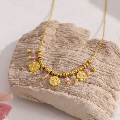 18K Gold Plated Titanium Steel Crystal Pendant Necklace | Elegant Metal Round Pendant Necklace