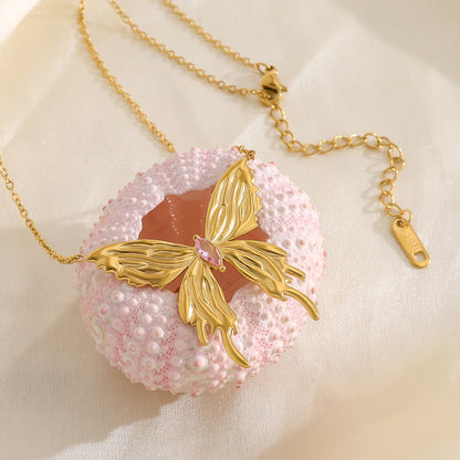 18K Gold Plated Titanium Steel Fashion Simple 3D Butterfly Necklace with Pink Zircon Inlay
