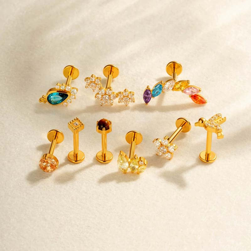 Titanium Threaded Piercing Stud – Hypoallergenic Flat Back Earring with Sparkling Zircon