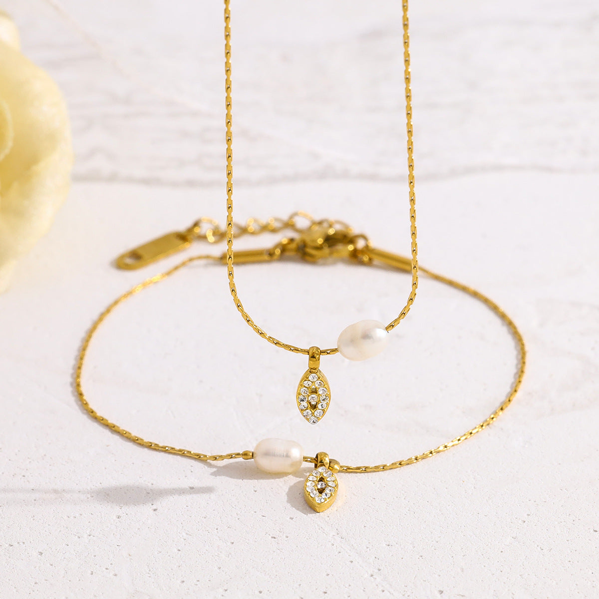 Elegant Pearl & Evil Eye Pendant Necklace & Bracelet Set – 18K Gold Plated Titanium Steel, Adjustable Length