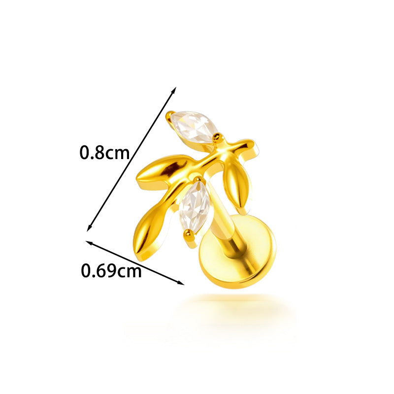 Implant Grade G23 Titanium Labret Stud – Snake Leaf CZ Flat Back Ear & Lip Piercing ASTM F136 Jewelry