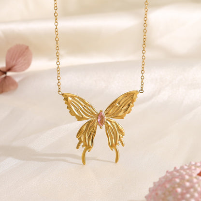 18K Gold Plated Titanium Steel Fashion Simple 3D Butterfly Necklace with Pink Zircon Inlay