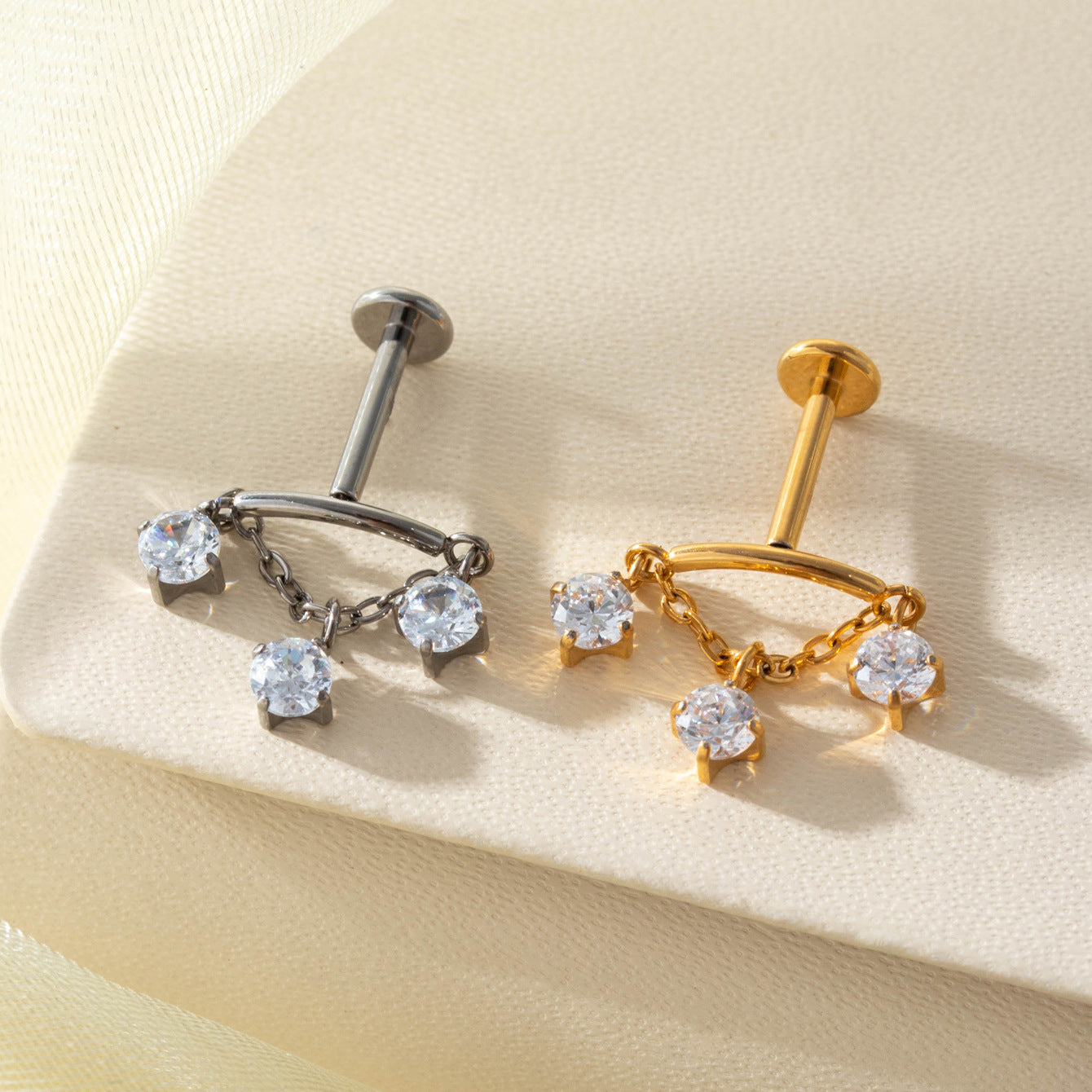 F136 Titanium Zircon Chain Piercing Jewelry – Push Pin Lip & Cartilage Stud,  Drop Designs