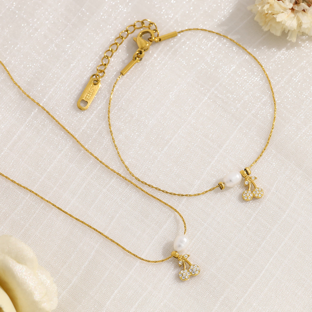New Pearl Cherry Pendant Necklace & Bracelet Set – Sweet Fashion Jewelry Gift