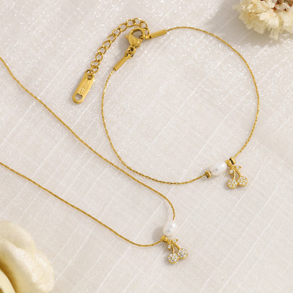 New Pearl Cherry Pendant Necklace & Bracelet Set – Sweet Fashion Jewelry Gift