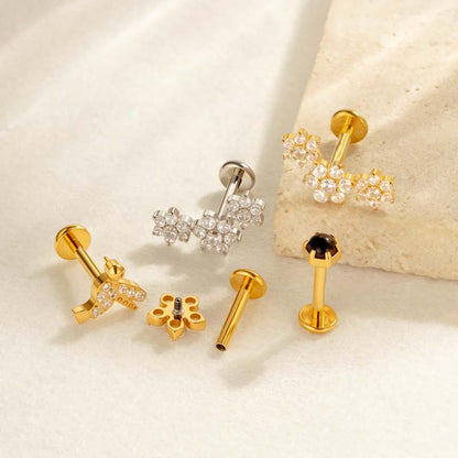 Titanium Threaded Piercing Stud – Hypoallergenic Flat Back Earring with Sparkling Zircon