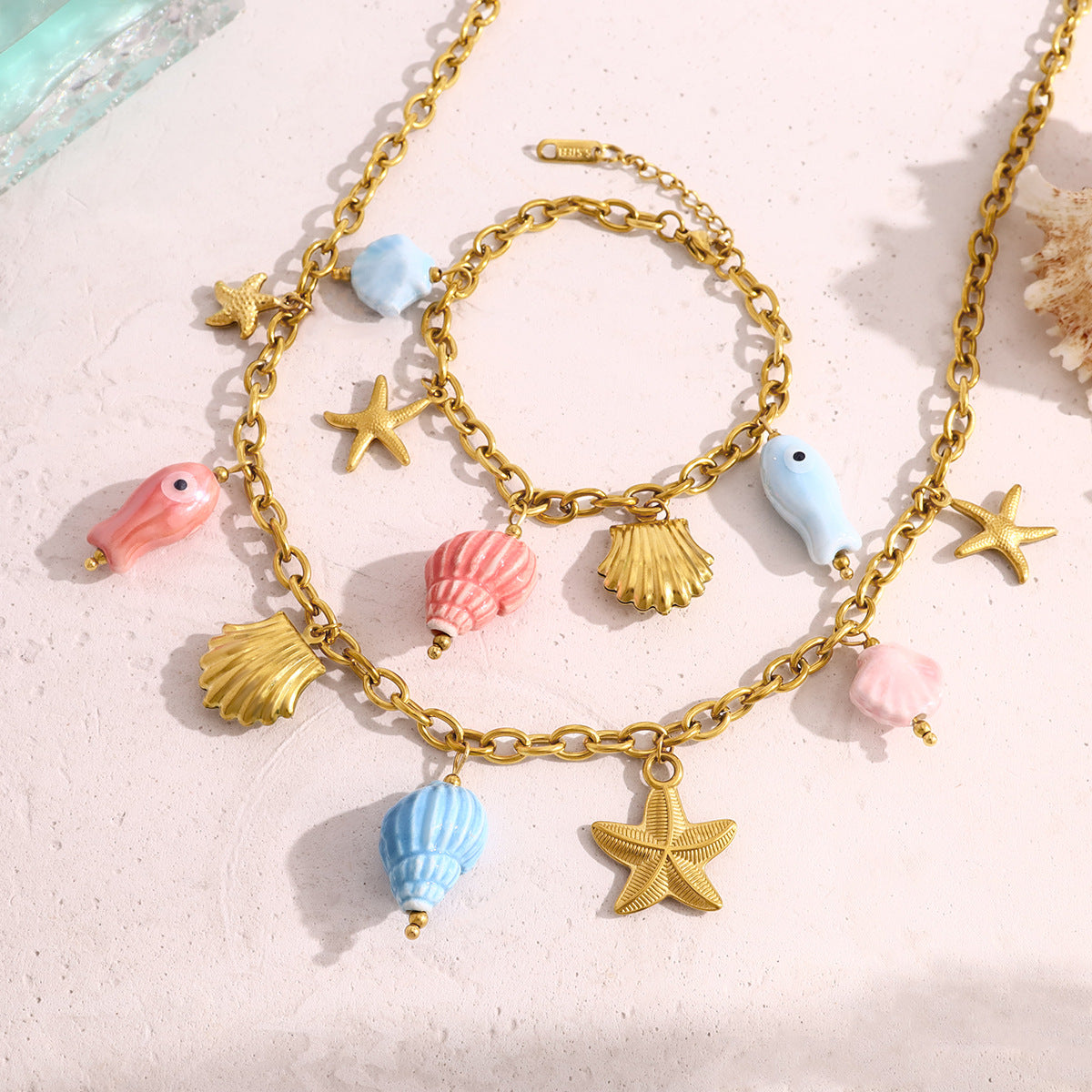 18K Gold Plated Titanium Steel Ocean-Themed Dopamine Ceramic Starfish and Seashell Pendant Necklace & Bracelet Set