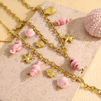 18K Gold Plated Stainless Steel Creative Beach Style Starfish Shell Seahorse Conch Pendant Ceramic Clavicle Necklace Bracelet Set