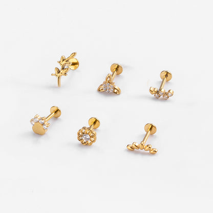 G23 Titanium Zircon Leaf & Flower Cartilage Piercing | Internally Threaded Lip & Ear Studs | Fashionable & Hypoallergenic