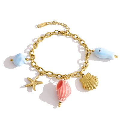 18K Gold Plated Titanium Steel Ocean-Themed Dopamine Ceramic Starfish and Seashell Pendant Necklace & Bracelet Set