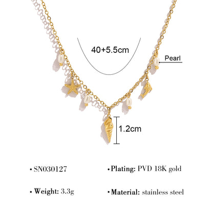 18K Gold Plated Titanium Steel Ocean Style Starfish Shell Conch Pendant Necklace with Crystal and Pearl