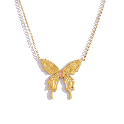 18K Gold Plated Titanium Steel Fashion Simple 3D Butterfly Necklace with Pink Zircon Inlay