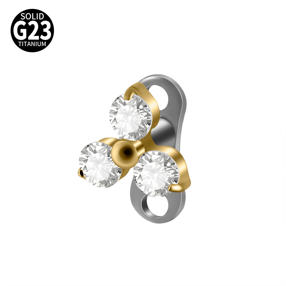 Gold Triple Round CZ Flower Microdermal – ASTM F136 Titanium Surface Implant Jewelry