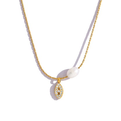 Elegant Pearl & Evil Eye Pendant Necklace & Bracelet Set – 18K Gold Plated Titanium Steel, Adjustable Length