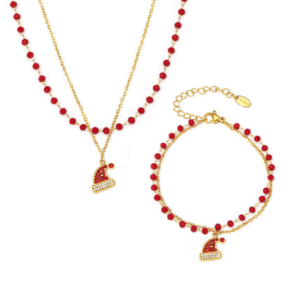 Gold Plated Stainless Steel Double-Layer Christmas Hat Necklace & Bracelet – Zircon & Garnet
