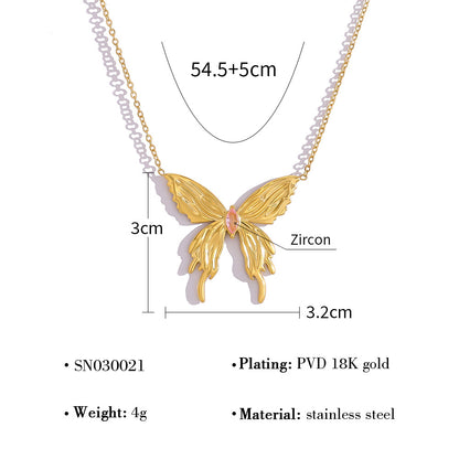 18K Gold Plated Titanium Steel Fashion Simple 3D Butterfly Necklace with Pink Zircon Inlay