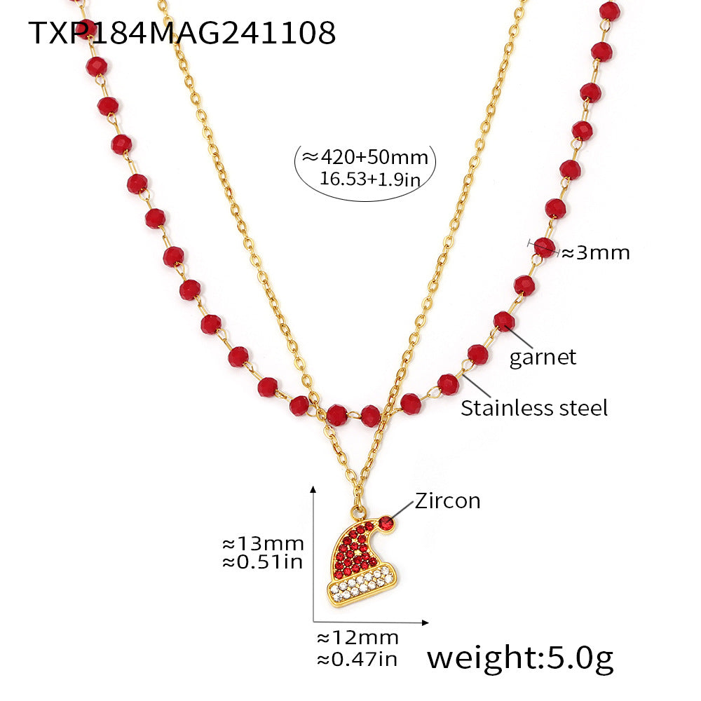 Gold Plated Stainless Steel Double-Layer Christmas Hat Necklace & Bracelet – Zircon & Garnet