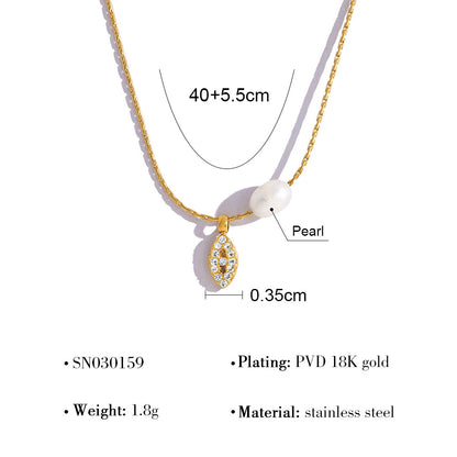 Elegant Pearl & Evil Eye Pendant Necklace & Bracelet Set – 18K Gold Plated Titanium Steel, Adjustable Length