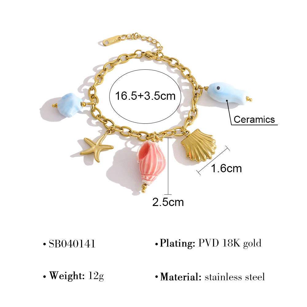 18K Gold Plated Titanium Steel Ocean-Themed Dopamine Ceramic Starfish and Seashell Pendant Necklace & Bracelet Set