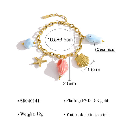 18K Gold Plated Titanium Steel Ocean-Themed Dopamine Ceramic Starfish and Seashell Pendant Necklace & Bracelet Set
