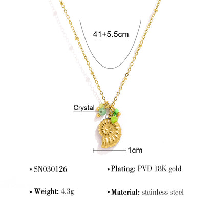 18K Gold Plated Titanium Steel Ocean Style Starfish Shell Conch Pendant Necklace with Crystal and Pearl
