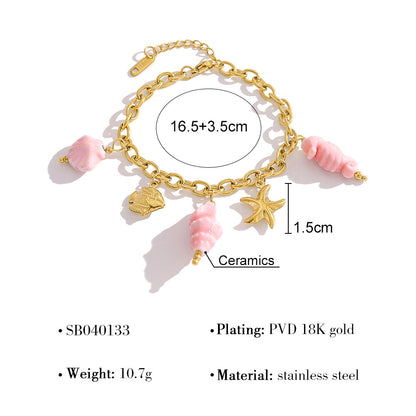 18K Gold Plated Stainless Steel Creative Beach Style Starfish Shell Seahorse Conch Pendant Ceramic Clavicle Necklace Bracelet Set