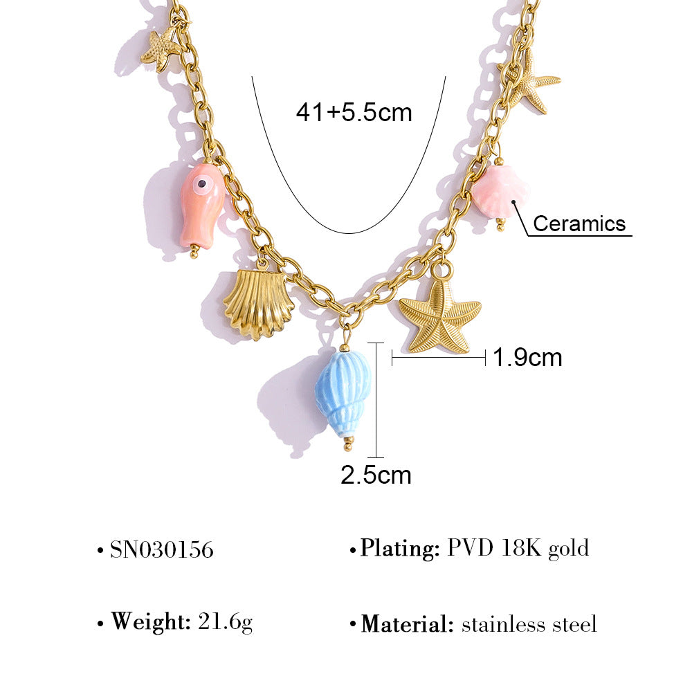18K Gold Plated Titanium Steel Ocean-Themed Dopamine Ceramic Starfish and Seashell Pendant Necklace & Bracelet Set