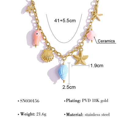 18K Gold Plated Titanium Steel Ocean-Themed Dopamine Ceramic Starfish and Seashell Pendant Necklace & Bracelet Set