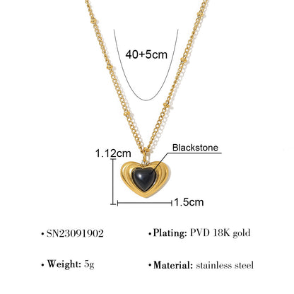 18K Gold Plated Titanium Steel Vintage Heart Shaped Pearl Black Stone Pendant Necklace