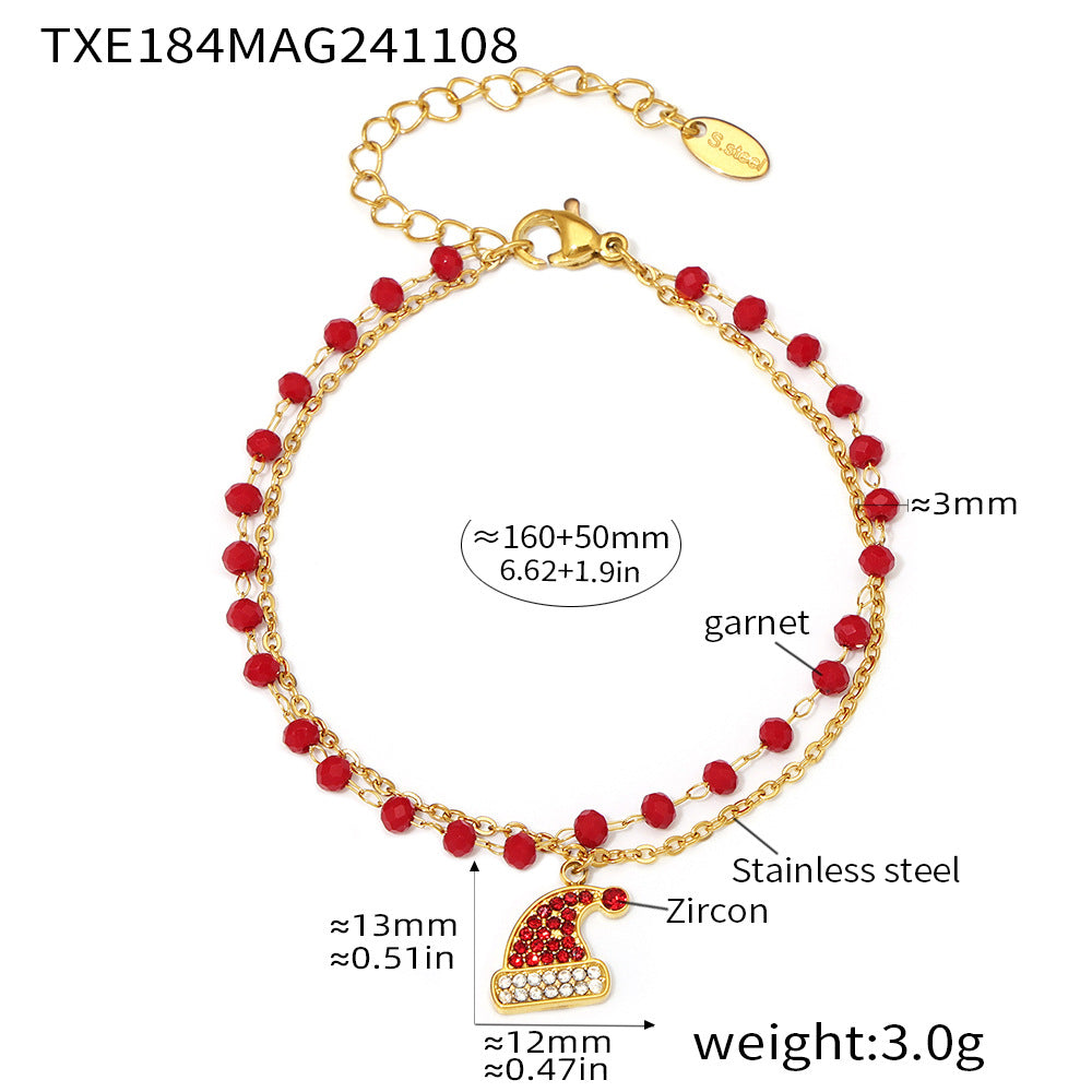 Gold Plated Stainless Steel Double-Layer Christmas Hat Necklace & Bracelet – Zircon & Garnet