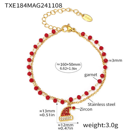 Gold Plated Stainless Steel Double-Layer Christmas Hat Necklace & Bracelet – Zircon & Garnet
