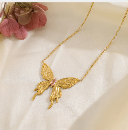 18K Gold Plated Titanium Steel Fashion Simple 3D Butterfly Necklace with Pink Zircon Inlay