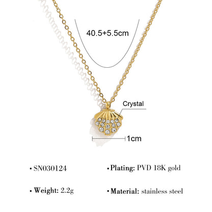 18K Gold Plated Titanium Steel Ocean Style Starfish Shell Conch Pendant Necklace with Crystal and Pearl