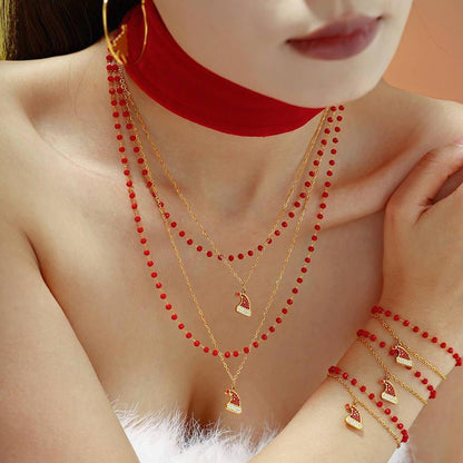 Gold Plated Stainless Steel Double-Layer Christmas Hat Necklace & Bracelet – Zircon & Garnet