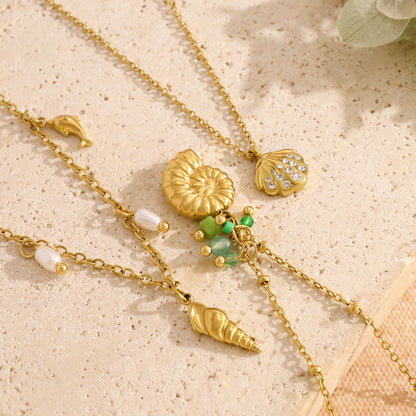 18K Gold Plated Titanium Steel Ocean Style Starfish Shell Conch Pendant Necklace with Crystal and Pearl