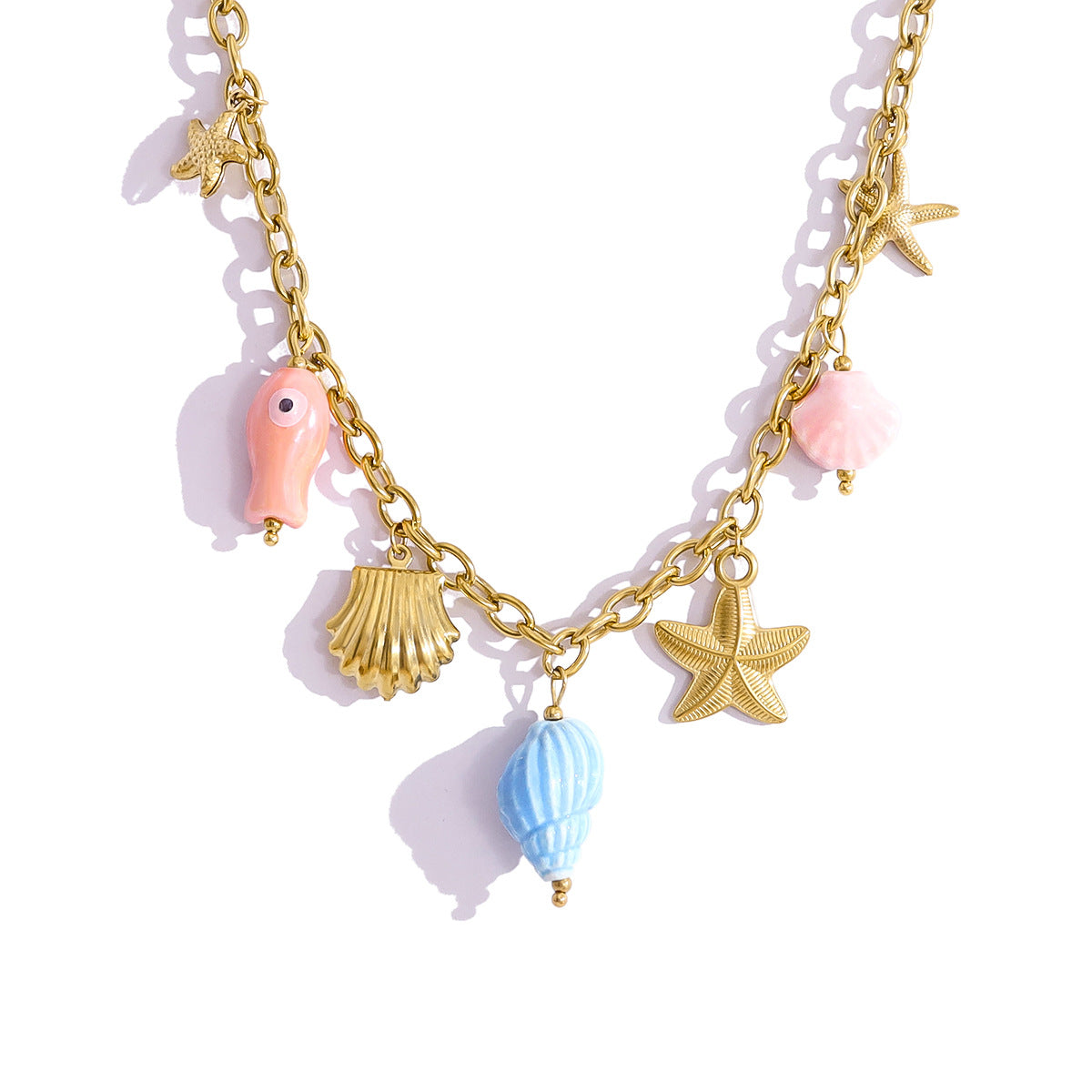 18K Gold Plated Titanium Steel Ocean-Themed Dopamine Ceramic Starfish and Seashell Pendant Necklace & Bracelet Set