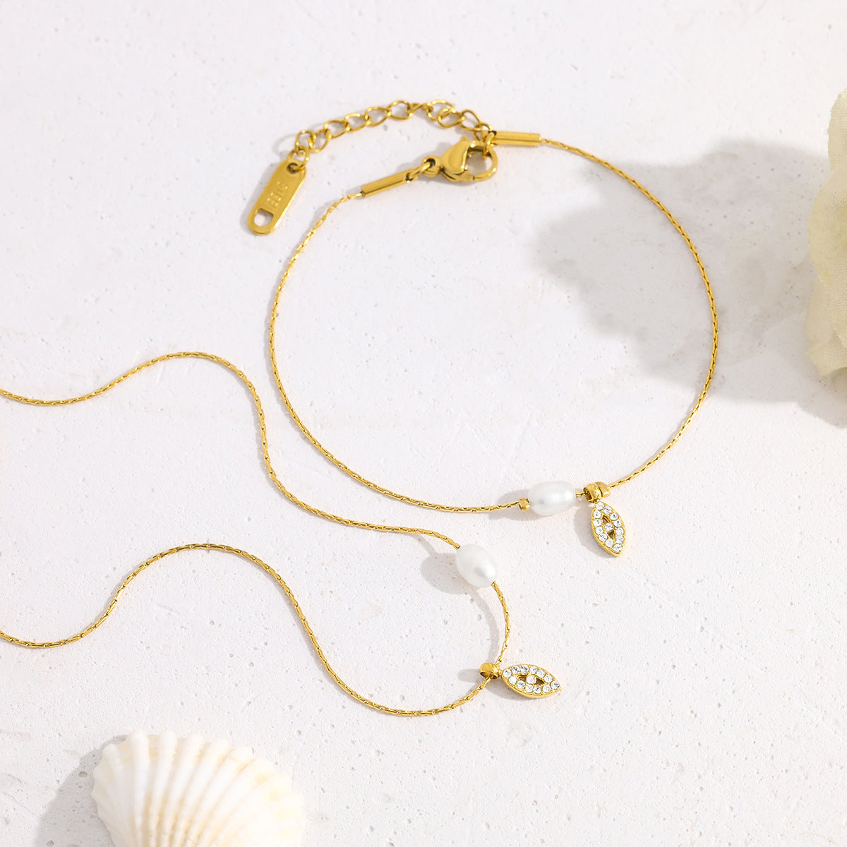 Elegant Pearl & Evil Eye Pendant Necklace & Bracelet Set – 18K Gold Plated Titanium Steel, Adjustable Length