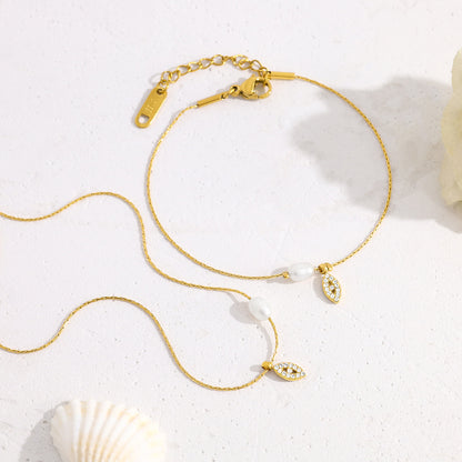Elegant Pearl & Evil Eye Pendant Necklace & Bracelet Set – 18K Gold Plated Titanium Steel, Adjustable Length