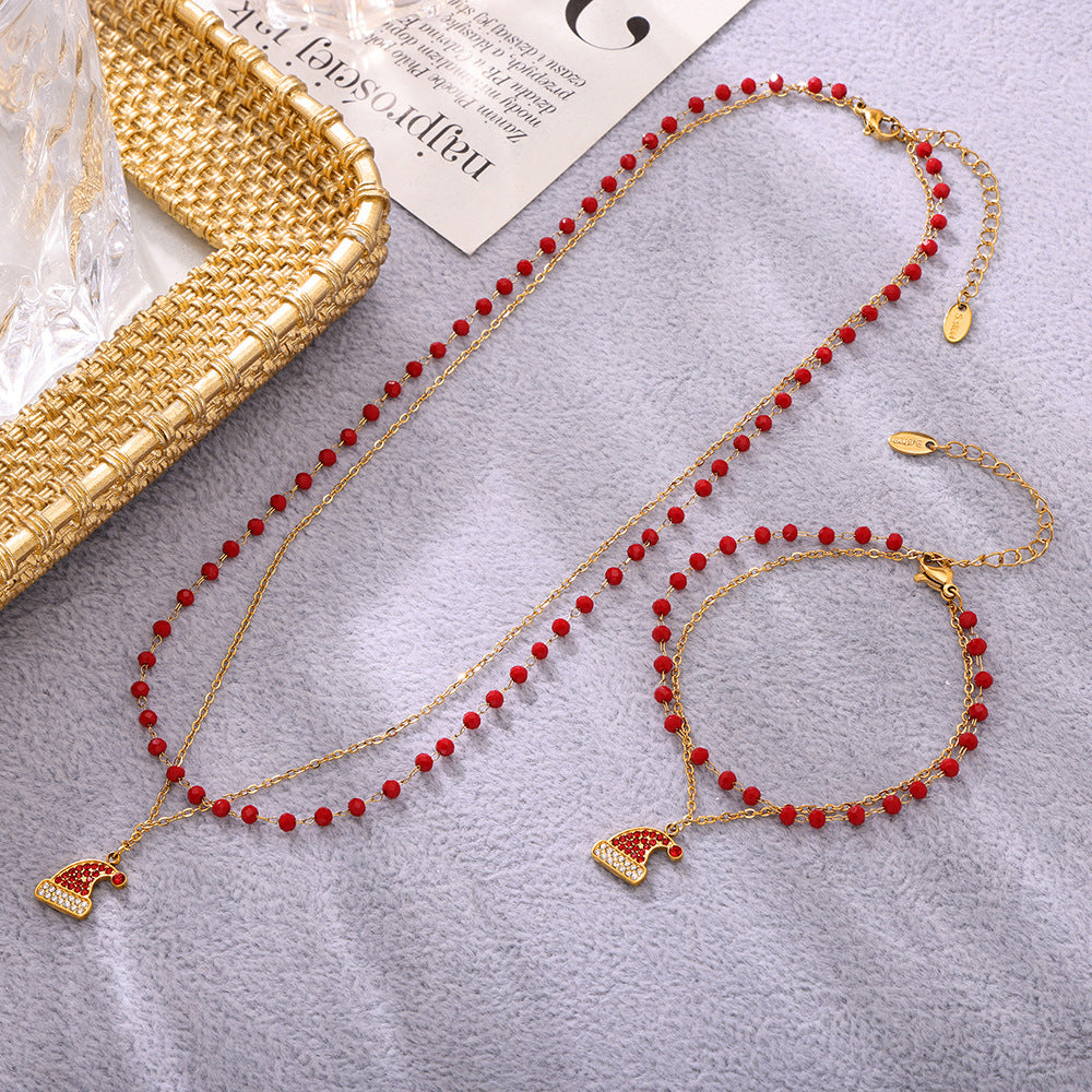 Gold Plated Stainless Steel Double-Layer Christmas Hat Necklace & Bracelet – Zircon & Garnet