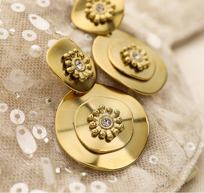 Vintage Floral Crystal Drop Earrings – Stainless Steel Elegant Retro Jewelry for Women