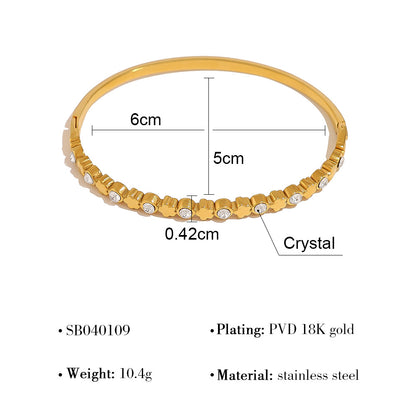 18K Gold Plated Stainless Steel Crystal Heart & Star Bangle Bracelet | Elegant Narrow Edge Cuff Jewelry for Women