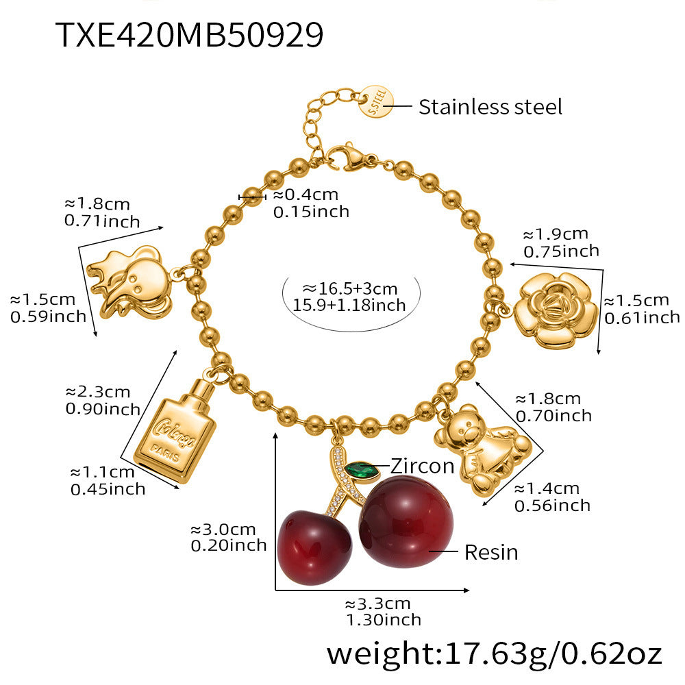 Cherry Zircon Jewelry Set | Gold & Silver Stainless Steel Necklace, Bracelet & Earrings | Trendy Red Resin Cherry Collection by WANTI Jewelry