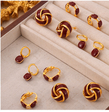 Vintage Weight Enamel Zircon Stud Earrings Set - Gold Stainless Steel Retro Jewelry
