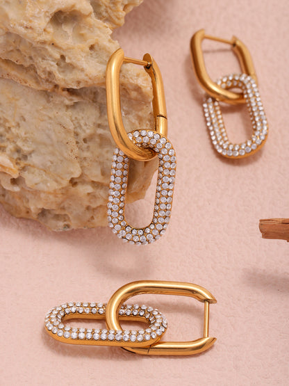 Gold Oval Zircon Dangle Earrings – Elegant Stainless Steel Full Zircon Hoop Earrings for Women