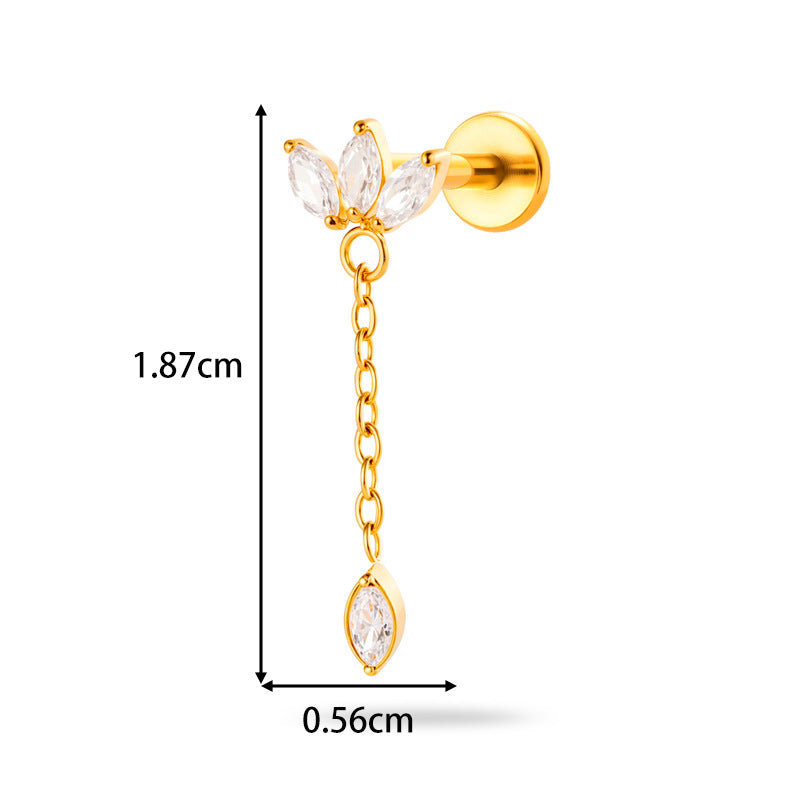 Implant Grade ASTM F136 Titanium Threadless Push Pin Zircon Chain Dangle Flat Back Stud | Geometric Cartilage Helix Tragus Lip Piercing Jewelry