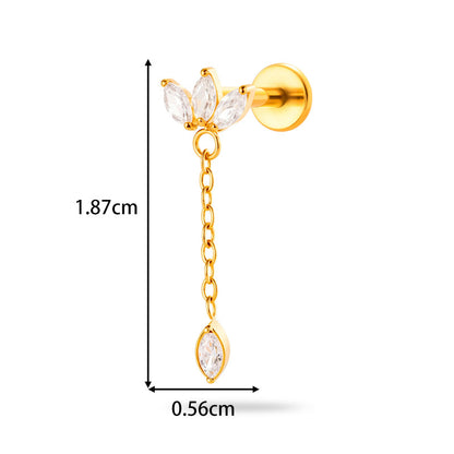 Implant Grade ASTM F136 Titanium Threadless Push Pin Zircon Chain Dangle Flat Back Stud | Geometric Cartilage Helix Tragus Lip Piercing Jewelry