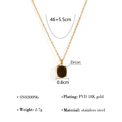 18K Gold Plated Stainless Steel Oval & Round Crystal Pendant Necklace | Colorful Zircon & Rose Quartz Jewelry for Women