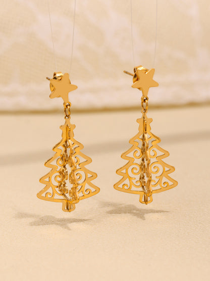 Stainless Steel Hollow Life Tree Drop Earrings – Gold Elegant Statement Dangle Earrings for Women